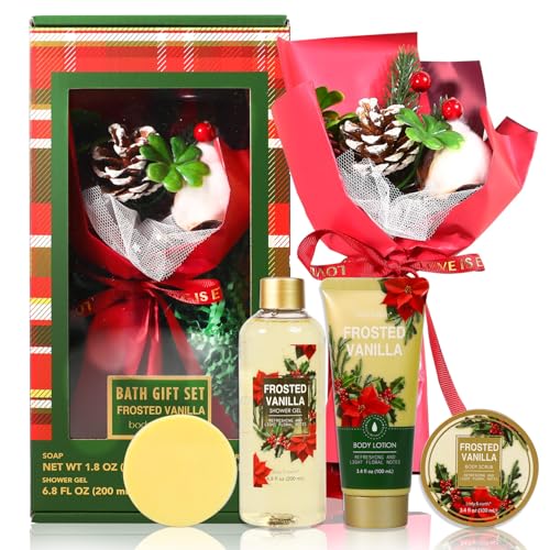 Spa Baskets for Her - BODY & EARTH Spa Sets for Women, 5 Piece Mothers Day Gifts with vanilla Scented Bath Wash, Body Scrub, Body Lotion, Hand Soap