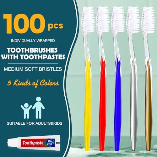 Navona 100 PCS Disposable Toothbrush with Toothpaste Bulk, Travel Toothpaste, Bulk Toothpastes, Individually Wrapped Bulk Toothbrush, Ergonomics Handle,Medium Soft Bristle, Perfect for Travel, Hotel