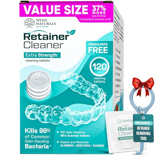 Weiss Naturals Retainer Cleaner Tablets, Invisalign Cleaner, Remove Stains, Odors & Plaque, FSA & HSA Eligible, PERSULFATE FREE Night Guard & Denture Cleaner 4-Month Supply, 120 Mint Scented Tablets