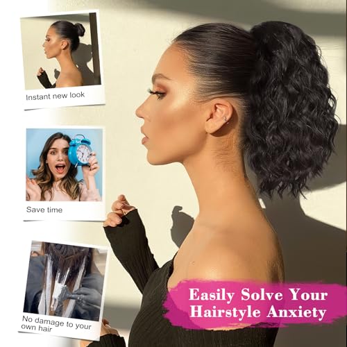 QGZ Black Ponytail Extension 14 Inch Drawstring Ponytail for Women Synthetic Short Curly Wavy Fluffy Clip in Ponytail Hair Extensions for Daily Halloween Use