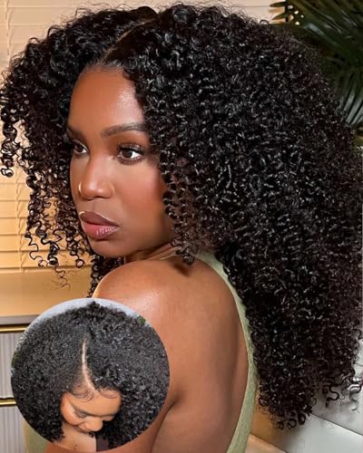 V SHOW Curly V Part Wig Human Hair Upgrade U Part Wig Human Hair Wigs for Women Glueless V Shape Wig Afro Curly Wigs No Leave Out 180% Density Natural Color 18Inch