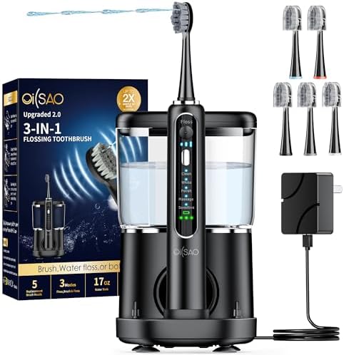 Electric Toothbrush with Water Flosser Combo in One, Professional Flossing Toothbrush for Teeth Cleaning and Flossing, Plaque Removal,Rechargeable with 5 Replacement Brush Heads