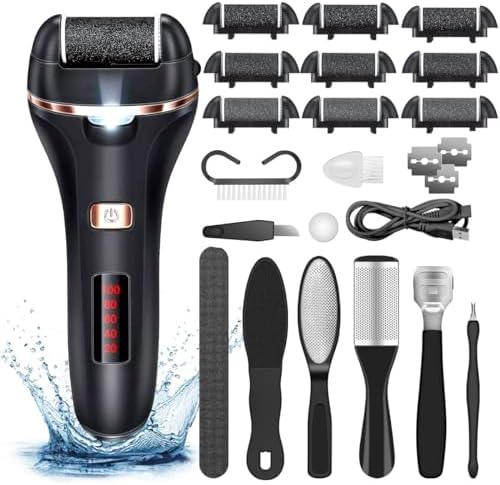 Electric Callus Remover for Feet,Rechargeable Foot File Hard Skin Remover,Waterproof 14 in1 Professional Pedicure Kit for Cracked Heels &Dead Skin,with 9 Roller Heads 2 Speed