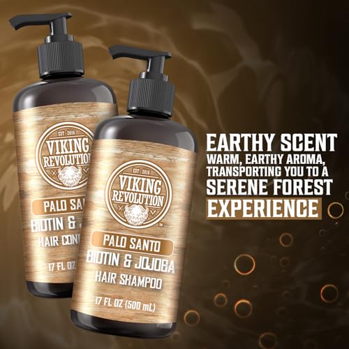 Viking Revolution Palo Santo Mens Shampoo and Conditioner Set with Biotin and Jojoba Oil - Natural Hair Shampoo and Hair Conditioner for Men with Vitamin B5 - Shampoo and Conditioner Set Men (17Oz)