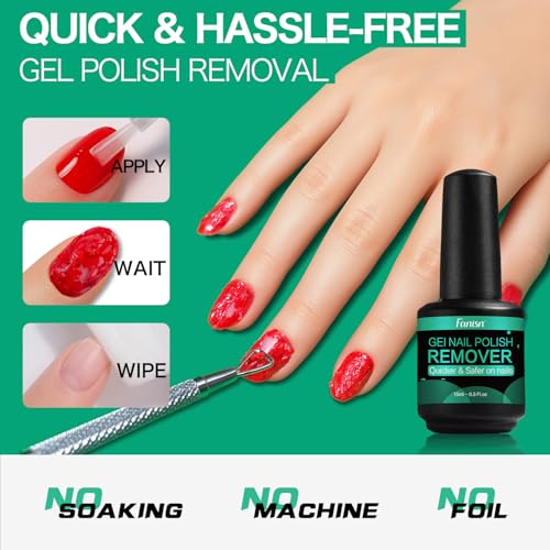 Gel Nail Polish Remover Kit with Tools, 15ml No Soak or Foil Needed, Fast Removal in 2-5 Minutes, Includes Cuticle Pusher & Nail File, Safe for Home DIY