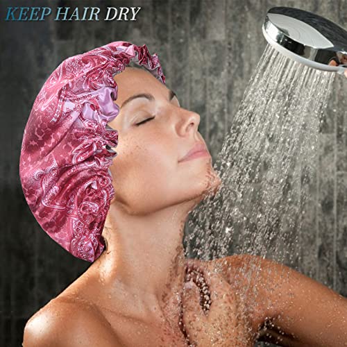 4 Packs Shower Caps, Extra Large Adjustable Double Layer Waterproof Hair Cap for Women, Waterproof Exterior & EVA Lining, Oversized Design for Long Thick Hair (Starlight Printing, X-Large)