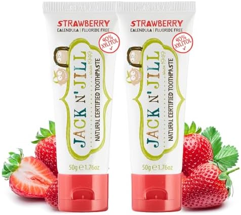 Jack N' Jill Natural Toothpaste for Baby and Infants - Fluoride Free Training Toothpaste, 40% Xylitol, BPA Free - Strawberry, 1.76 oz (Pack of 2)