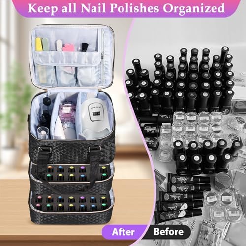 Nail Polish Organizer Case - Holds 84 Bottles Nail Polish & Nail Lamp Large Nail Polish Organizer Bag for Manicure Tools, Nail Polish Kit (Black)