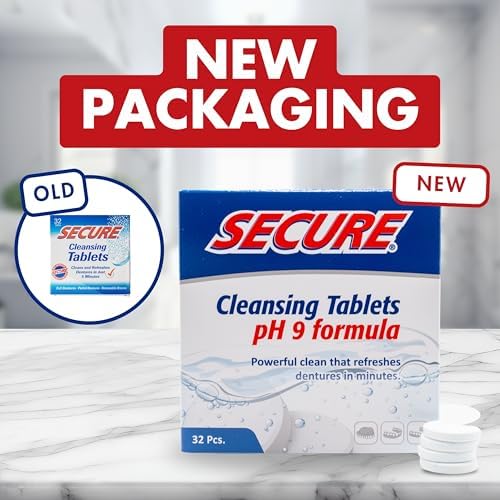 Secure Daily Cleansing Tablets - pH 9 Formula Thoroughly Cleans Dentures - FSA & HSA Approved - Fights Odors, Stains & Germs - For Dentures, Nightguards, Retainers & Partials - 32 Tablets (4 Pack)