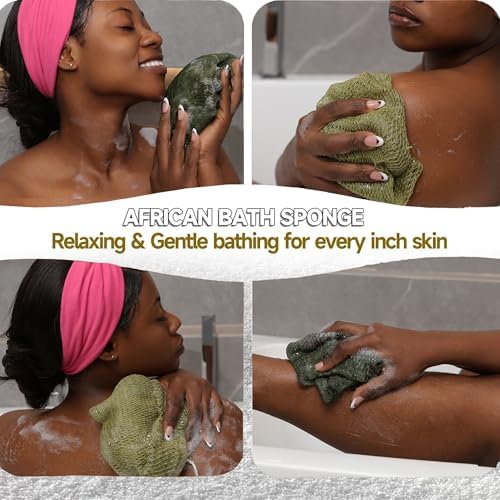 SubSahara Authentic African Net Sponge - 2 Pieces Exfoliating Scrubber for All Skin Types, Bath Sponge for Face & Body, Travel Portable, Durable, Gentle Exfoliation (Olive Green & Light Green)