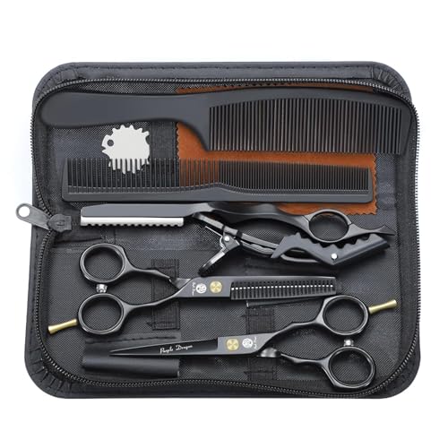 Purple Dragon 5.5 inch Hair Cutting Scissors Set with Razor, Leather Scissors Case, Barber Hair Cutting Shears Hair Thinning/Texturizing Shears for Professional Hairdresser or Home Use (Black)