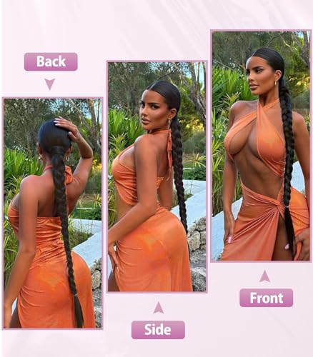 Long Braid Ponytail Extension with Hair Tie DIY Wrap Around Synthetic Hairpiece Natural Soft Fluffy Style for Women’s Daily Wear (34 Inch Brown Black)