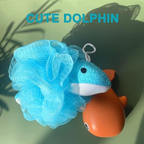Loofah Exfoliating Shower Stuffed Sponge Pouf Mesh Brush with Animal Toys - Bath Spa Puff Scrubber Ball - Body Poof for Children Kids - Rich Foams Bubble（4.7" Each） Pack of 4