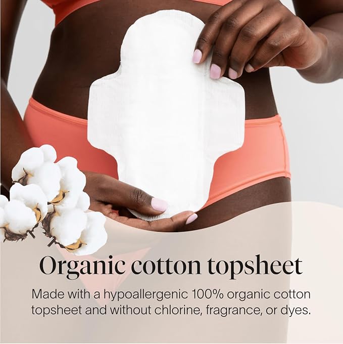 Cora 100% Organic Cotton Top Pad | Ultra Thin Period Pads with Wings | Regular Ultra-Absorbent Sanitary Pads for Women (36-Count)