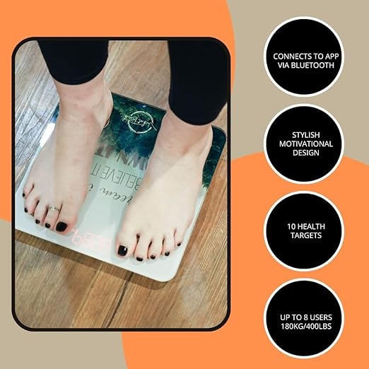 Smart Digital Scale - Motivational Modern Design, Weight Scale, Body Fat Monitor, 12 Key Composition, iOS Android APP, Auto Recognition, BMI, BMR, Bluetooth Smart Bathroom Scale. (Forest)