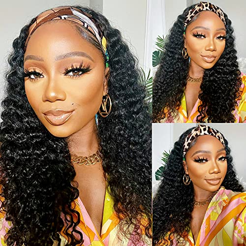 Headband Wig Human Hair Wigs 14 Inch Wear and Go Glueless Wig Curly Deep Wave Headband Wig Natural Color
