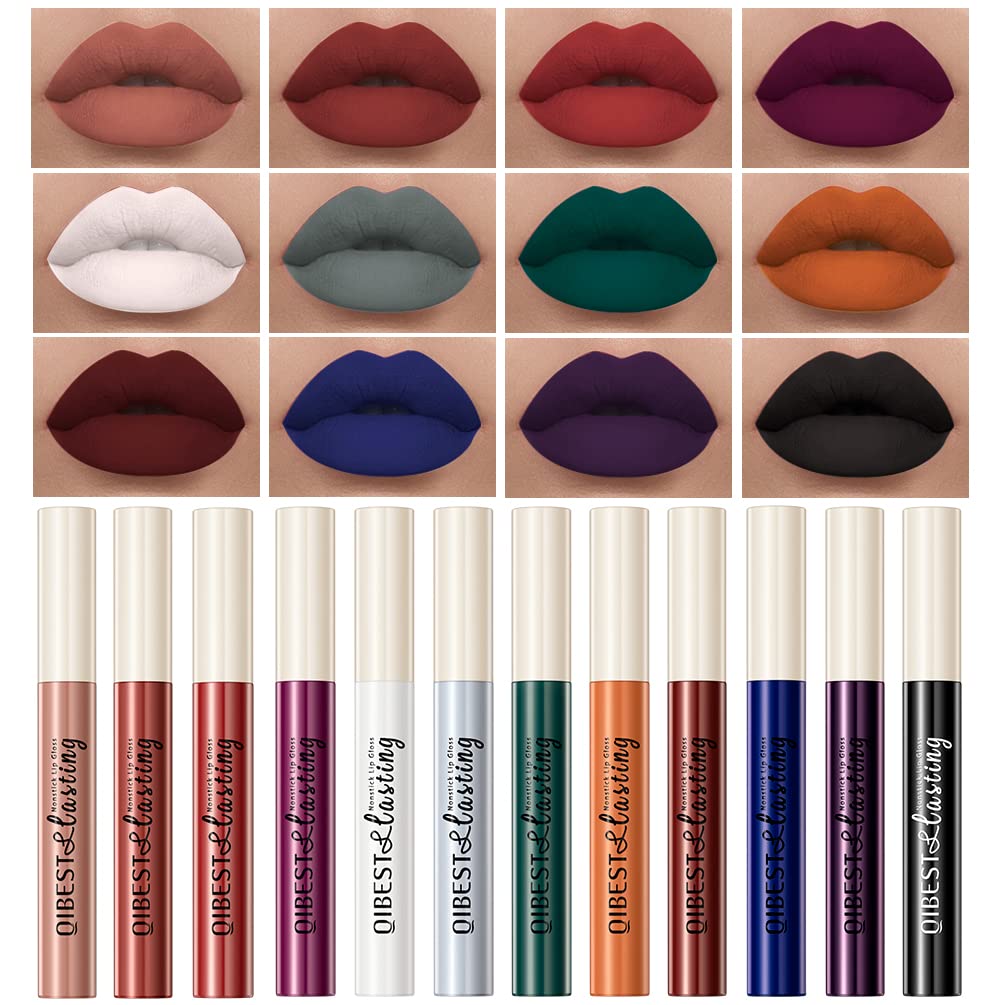 QiBest Goth Black & Bold Lipstick for Halloween Makeup, Matte Liquid Lipstick for Girls & Women, 24 Hours Long Lasting Waterproof Lip Gloss Gift Set, Non-Stick Cup Mate Duracion 24 Horas Lip Stains