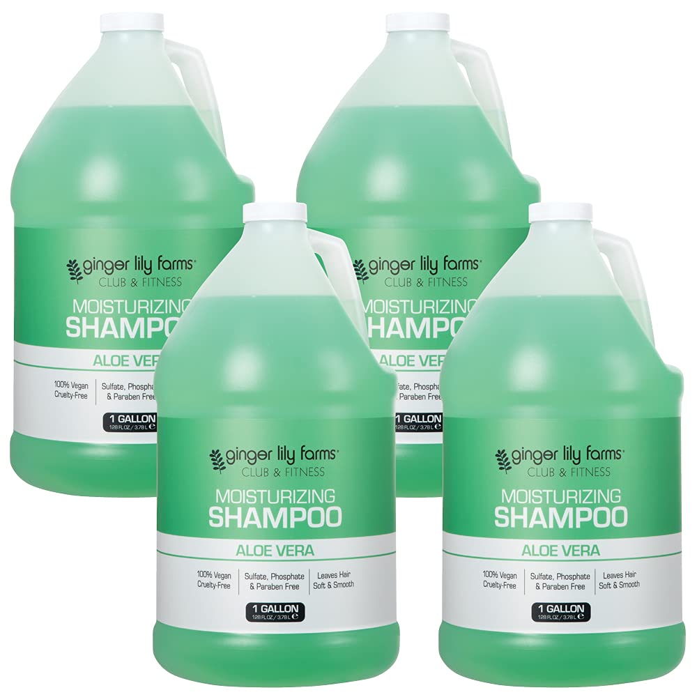Ginger Lily Farms Club & Fitness Moisturizing Shampoo for All Hair Types, 100% Vegan & Cruelty-Free, Aloe Vera Scent, 1 Gallon Refill (Pack of 4)