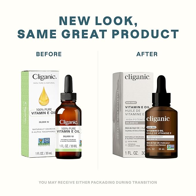 Cliganic 100% Pure Vitamin E Oil for Skin, Hair & Face - 30,000 IU, Non-GMO Verified | Natural D-Alpha Tocopherol (Packaging May Vary)