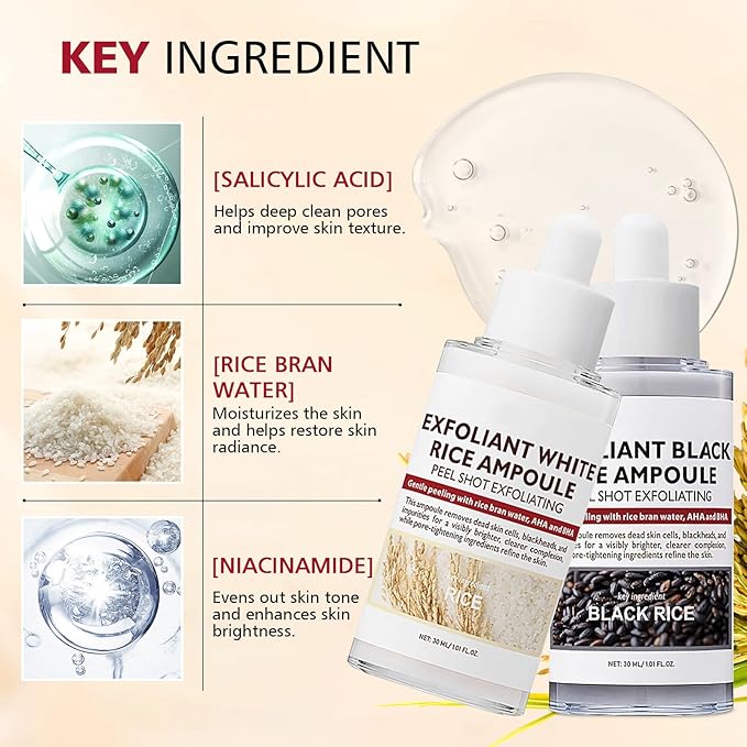 2PCS Rice Exfoliating Ampoule Set – Black & White Rice Brightening Duo for Glowing Skin | Gentle Peel + Pore Minimizing & Deep Hydration