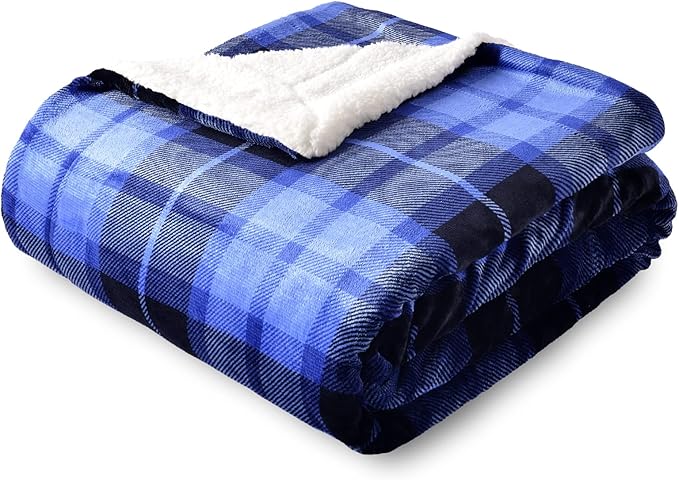 SOCHOW Sherpa Plaid Fleece Throw Blanket, Double-Sided Super Soft Luxurious Bedding Blanket 90 x 108 inches, Blue