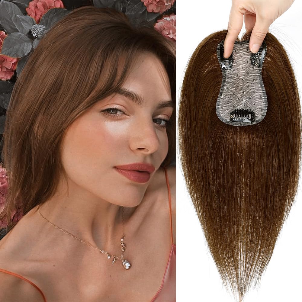 EROADE Toppers for Women Real Human Hair, 3D Human Hair Toppers for Women with Thinning Hair 165% Density Middle Part Clip in Bangs Toppers Hair Pieces