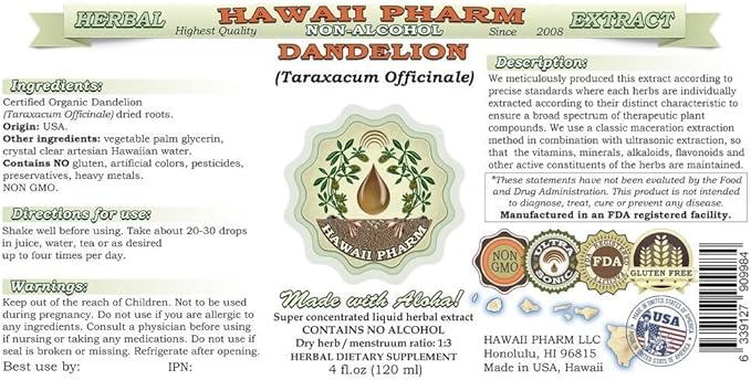Dandelion Alcohol-Free Liquid Extract, Organic Dandelion (Taraxacum Officinale) Dried Leaf Glycerite Hawaii Pharm Natural Herbal Supplement 2 oz