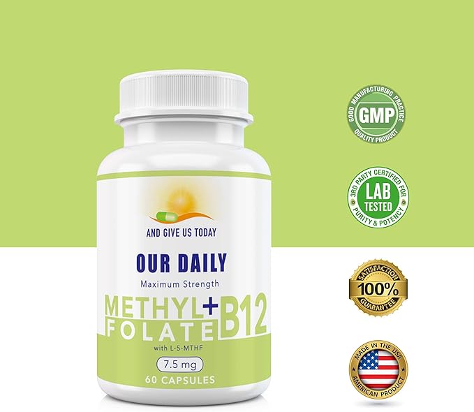L-Methylfolate 7.5 mg + B 12 (1000 mcg) - 60 Capsules - Methylated & Glycine - Boost Mood, Energy & Memory - Immune Support & VItamin Supplement for Men & Women - Non-GMO, Vegetarian Capsules