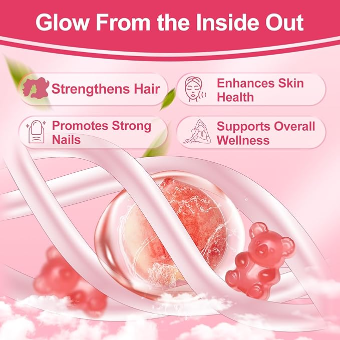 20-in-1 Hair and Nails Gummies - Hair, Skin and Nails Vitamins for Women - 10000 mcg Biotin, Vitamins A, C, D, E - Supports Hair Growth & Radiant Skin - White Peach Flavor - 90 Gummies