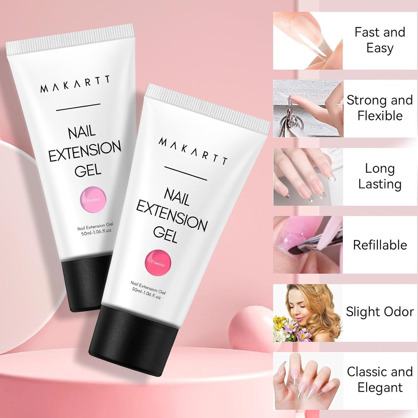 Makartt Poly Nail Gel Kit, 2PCs 50ML Transparent Pink & Hot Pink Colors, Large Capacity Poly Extension Nail Gel Kit, Strong Builder for Extension, 3D Diy Hard Gels Manicures Home Salon