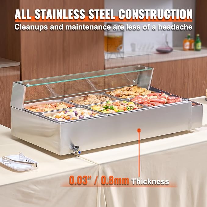 VEVOR 6-Pan Commercial Food Warmer, 6 x 8QT Electric Steam Table with Glass Cover, 1500W Countertop Stainless Steel Buffet Bain Marie 86-185°F Temp Control for Catering, Restaurants, Silver