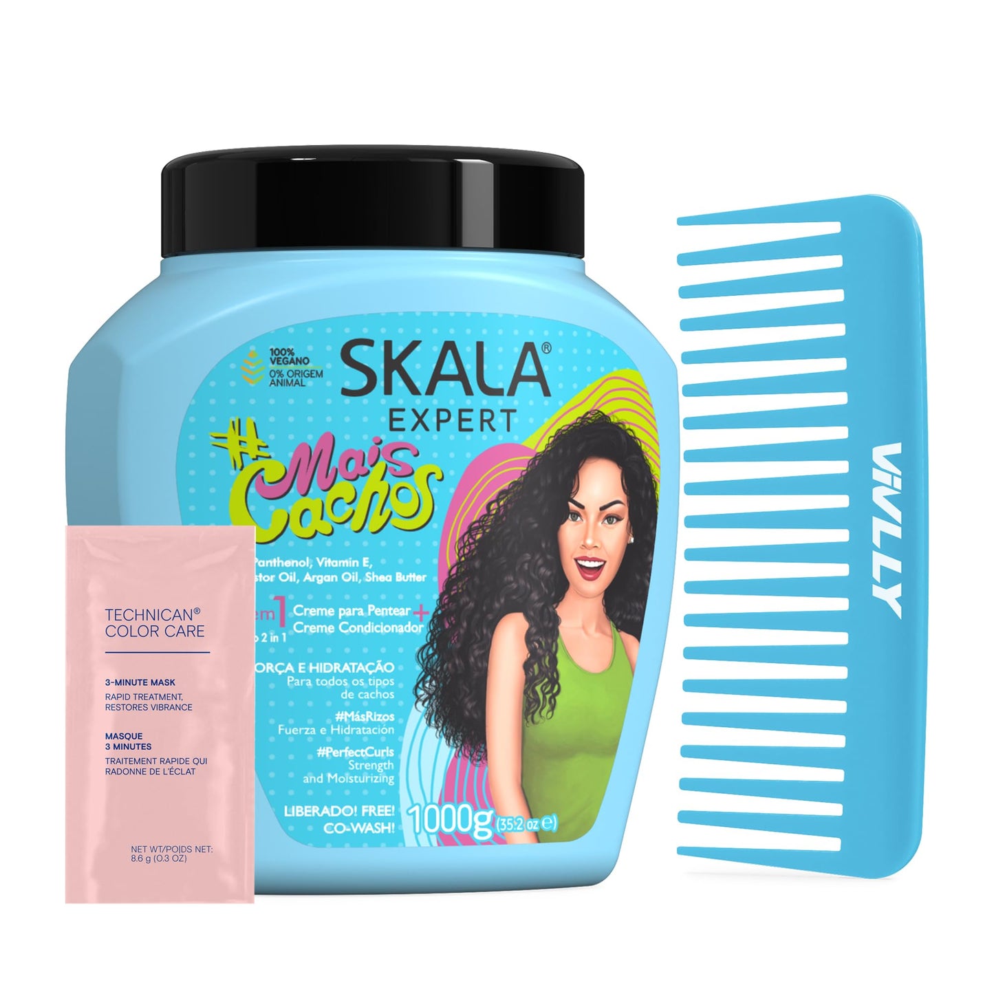 Skala Mais Cachos Brazilian Hair Care, 1000g - Sulfate, Paraben, Silicone Free - For Curly, Frizzy, and Transitioning Hair With Color Care Packet Packet + Free Comb (Comb Color May Vary).