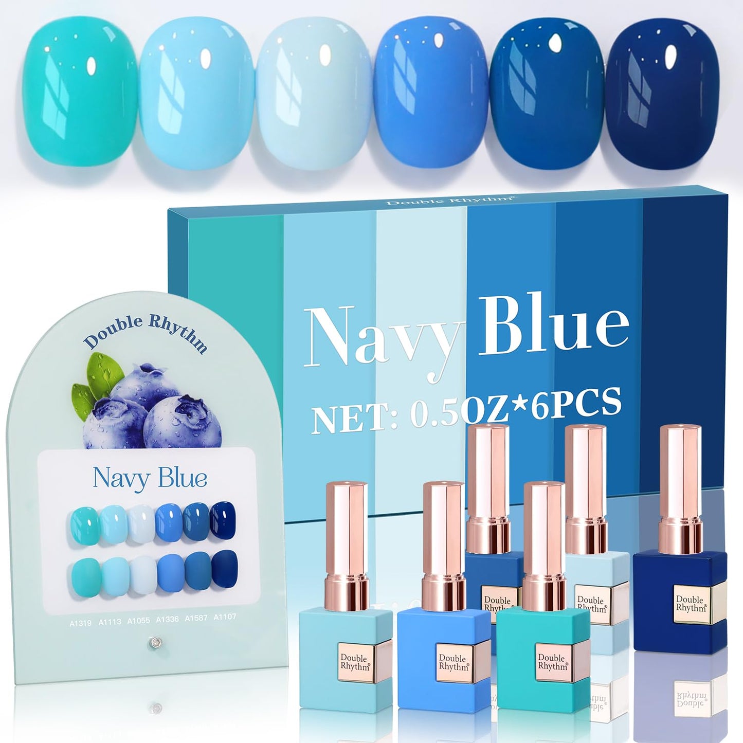 Double Rhythm 6 Pcs 15 ML Gel Polish Set Same Color Same Bottle Soak Off Gel Polish Kit Nail Art Manicure Salon DIY at Home for Women (Light Blue Dark Navy Teal-T6-14)
