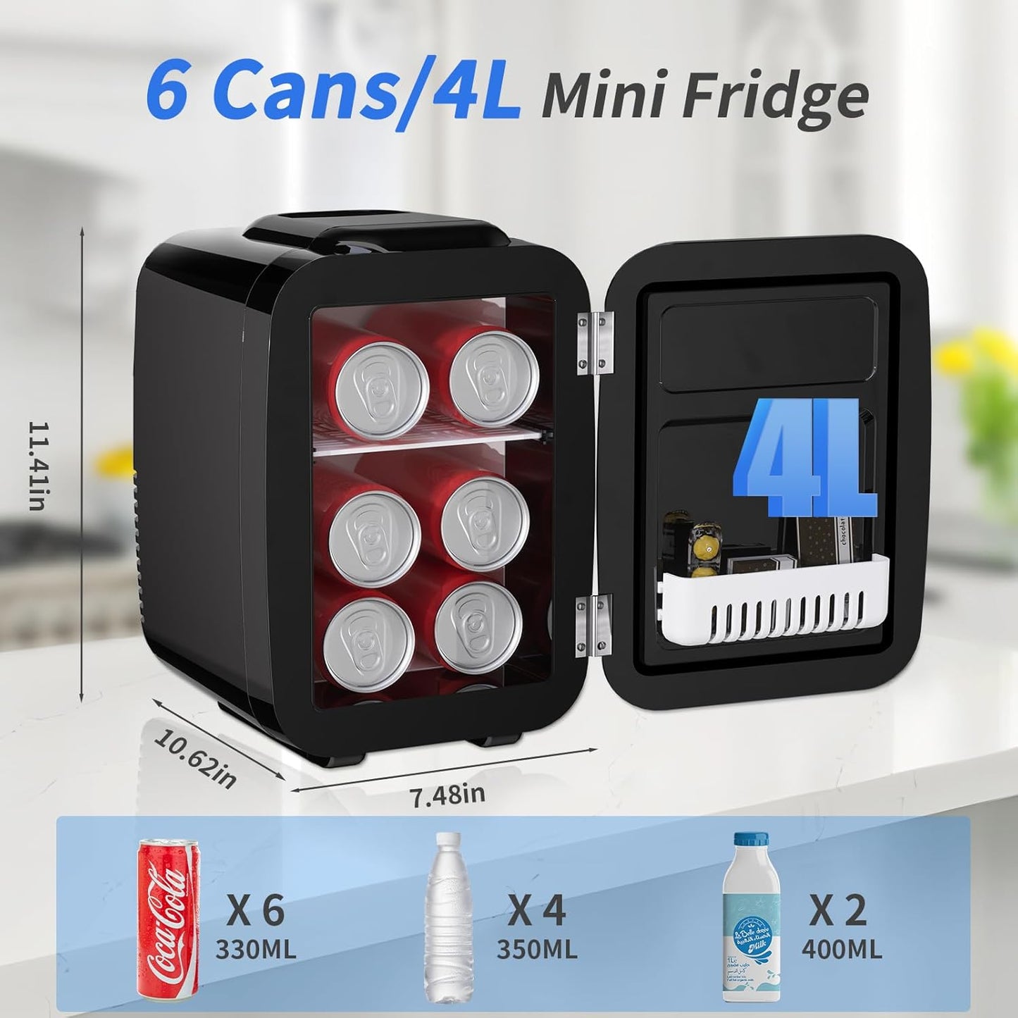 YASHE Mini Fridge, 4 Liter/6 Cans Small Refrigerator for Skincare, 110V AC/ 12V DC Thermoelectric Cooler and Warmer for Bedroom, Office, Dorm, Car, Black