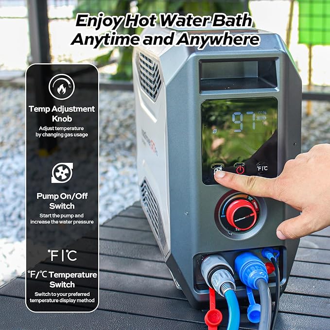 FOGATTI Camping Shower Tent with InstaShower GO Pro Portable Water Heater and Carrying Bag