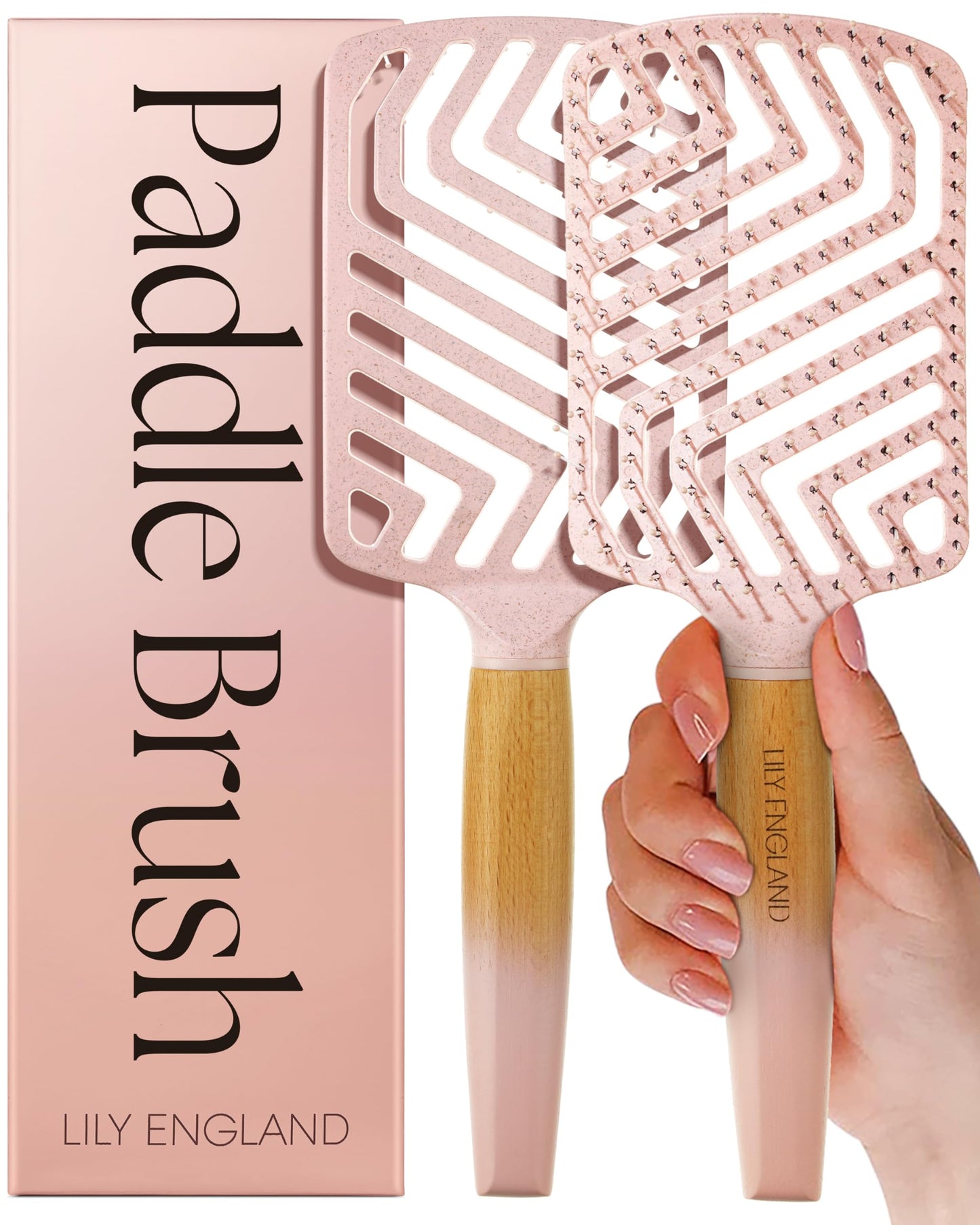 Lily England Paddle Hair Brush for Thick Hair Women - Professional Hairbrush with Vents - Lightweight Wooden Detangler for Smooth Styling - Pink