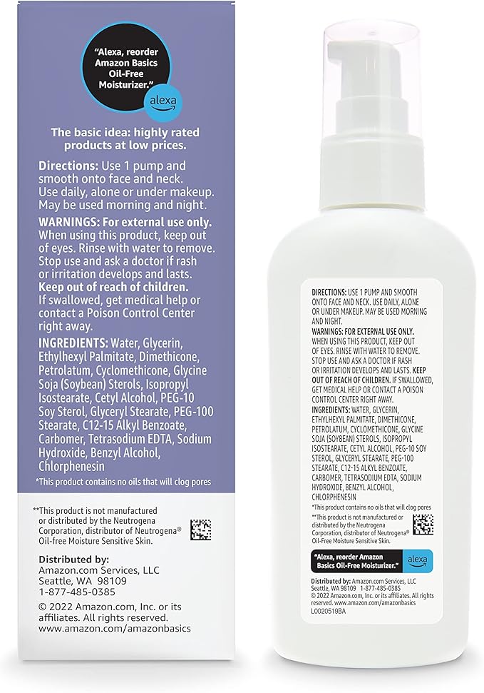Amazon Basics Oil-free Facial Moisturizer for Sensitive Skin, Fragrance Free, 4 Fluid Ounce (Previously Solimo)