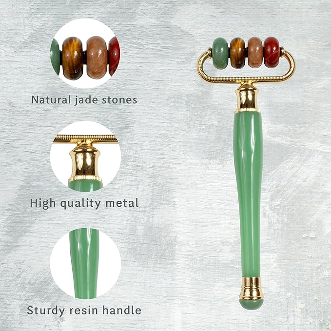 Eurow Luxe Multi-Stone Jade Face Roller for Skincare, Puffiness, Wrinkles, Relaxation, Circulation, Product Absorption & Massage, Rejuvenating Facial Tool for Women & Men, Multi-Color