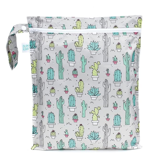 Bumkins Waterproof Wet Bag for Baby, Travel, Swim Suit, Cloth Diapers, Pump Parts, Pool, Beach, Gym Clothes, Toiletry, Hook to Stroller, Daycare, Zipper Reusable Wetdry Packing Pouch, Cactus Green