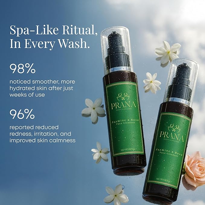 PRANA Rose & Jasmine Facial Cleanser - Natural Face Wash with Ayurvedic Ingredients, Jojoba & Rose Oil, Jasmine Oil & Cucumber - Anti-Aging & Brightening Face Wash - Vegan, Cruelty-Free - 100ml