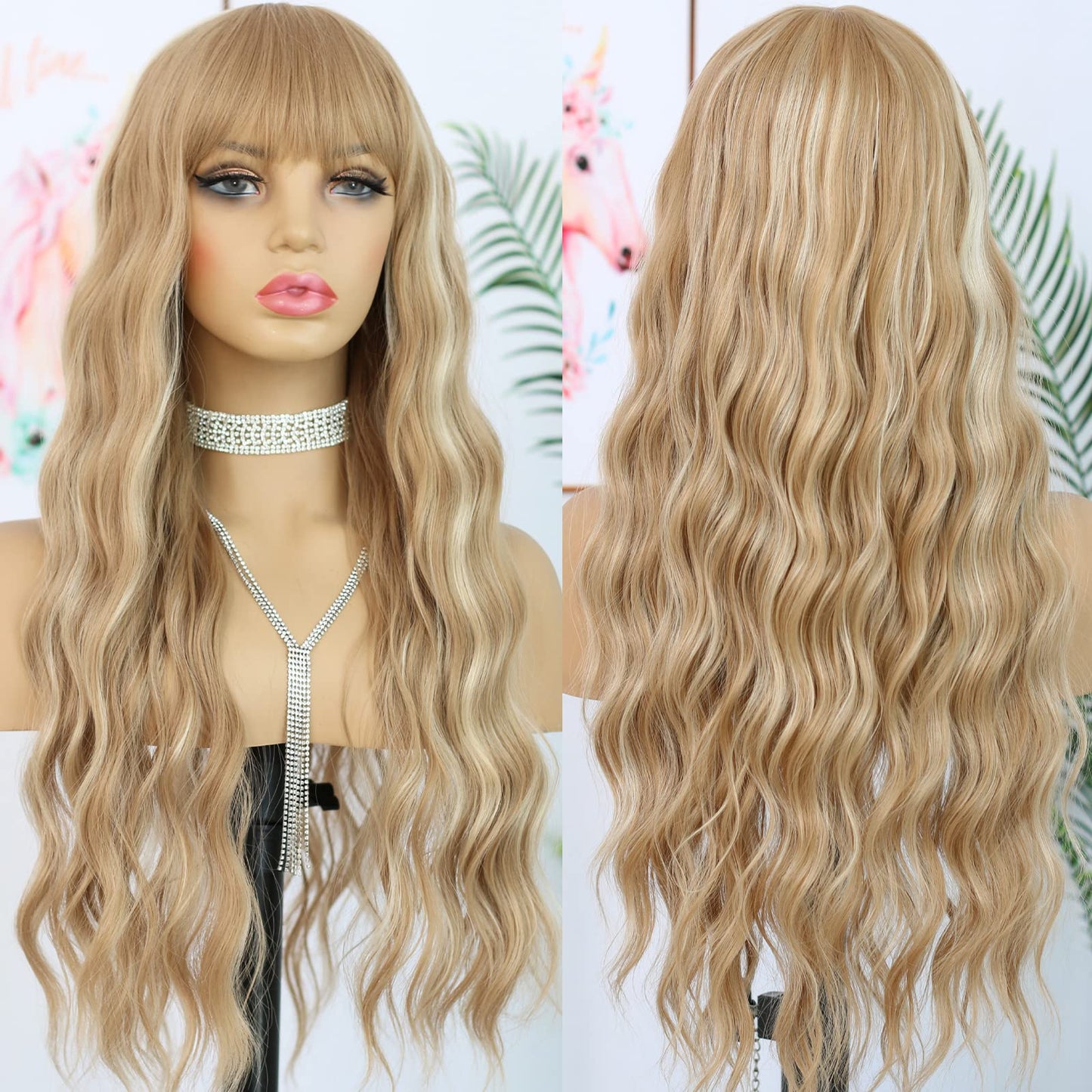 ANDRIA Blonde Wig Brown with Blonde Stripe Highlight Long Loose Curly Wavy Wig with Bangs Synthetic Heat Resistant Fiber Hair Colorful Wigs for White Women（Brown with Blonde Stripe Highlight）