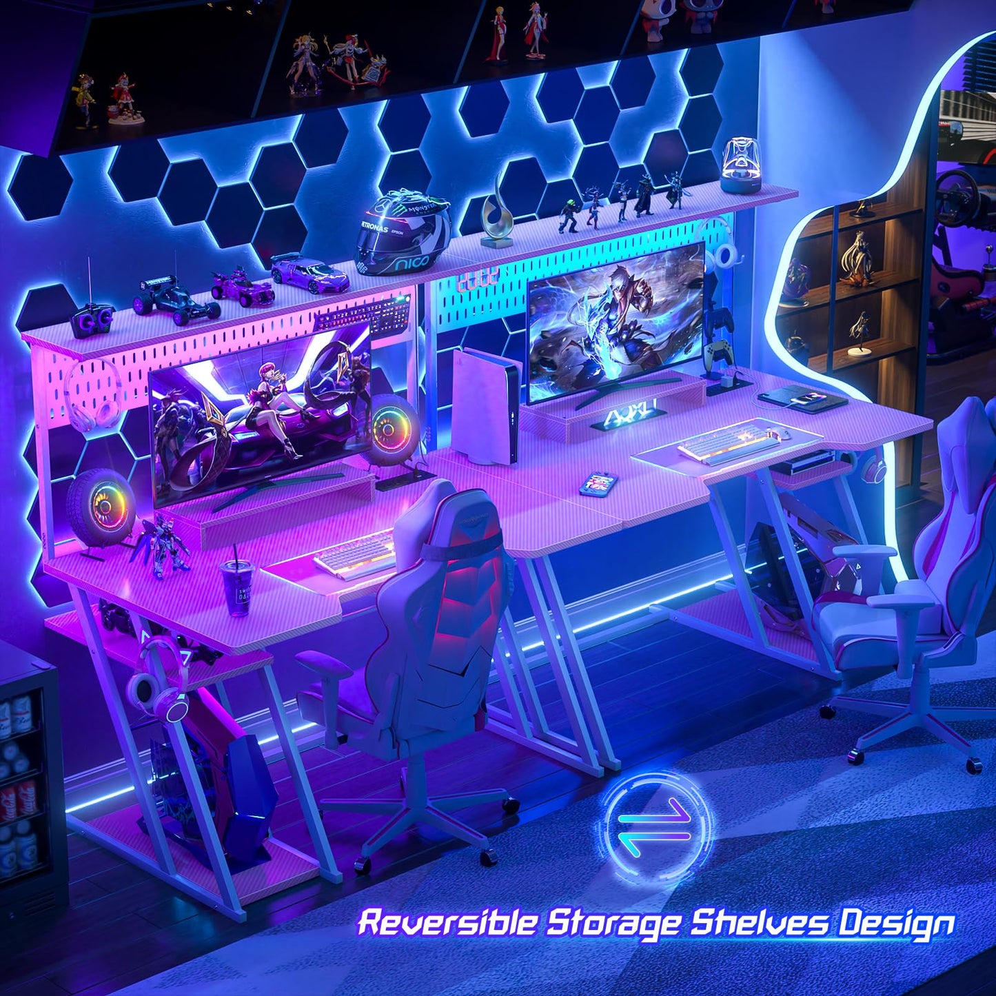 Armocity Gaming Computer Desk with Power Outlets, Gaming Desk with Hutch and LED Lights, Reversible PC Gaming Desk with Pegboard, Carbon Fiber Pink, 47"