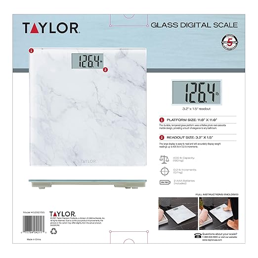 Taylor Digital Glass Marble Bathroom Scale, Scale for Body Weight, Highly Accurate Digital Bathroom Weighing Machine, Battery Powered, FSA HSA Eligible, Measures Weight up to 400 lb Capacity, White