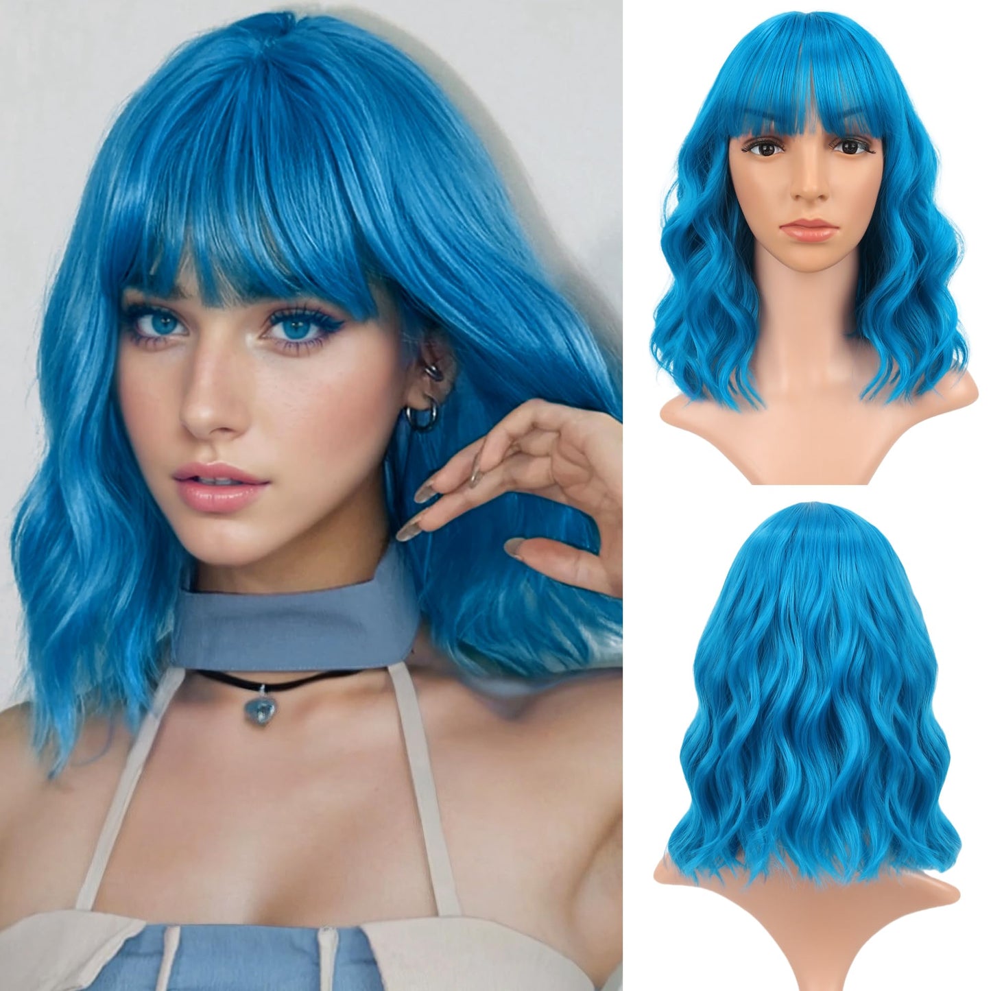 VCKOVCKO Short Bob Wigs Lake blue Wavy Wig With Air Bangs Women's Shoulder Length Wigs Curly Wavy Synthetic Cosplay Wig Pastel Bob Wig for Girl Colorful Wigs(12", Lake blue)