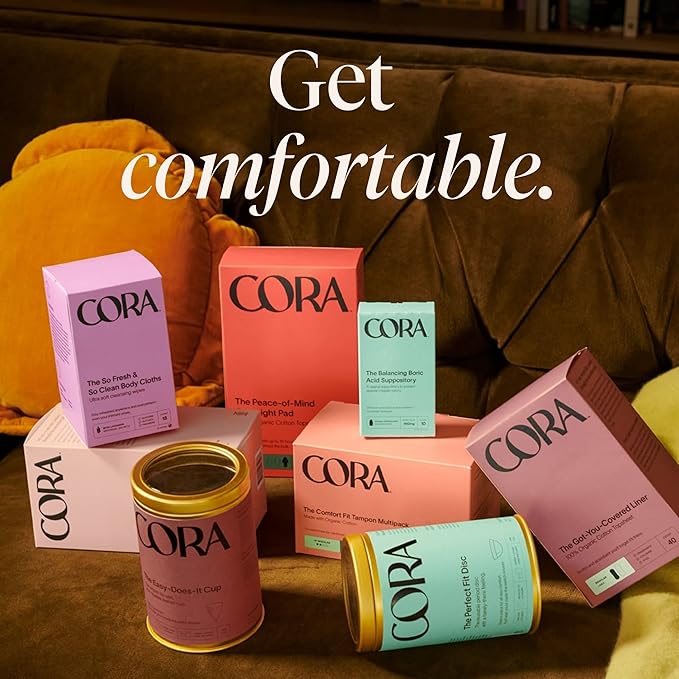 Cora Ultra Thin Organic Bladder Liners | Incontinence & Postpartum Pads for Women | Panty Liners for Bladder Leaks | Breathable Cotton (144 Long)