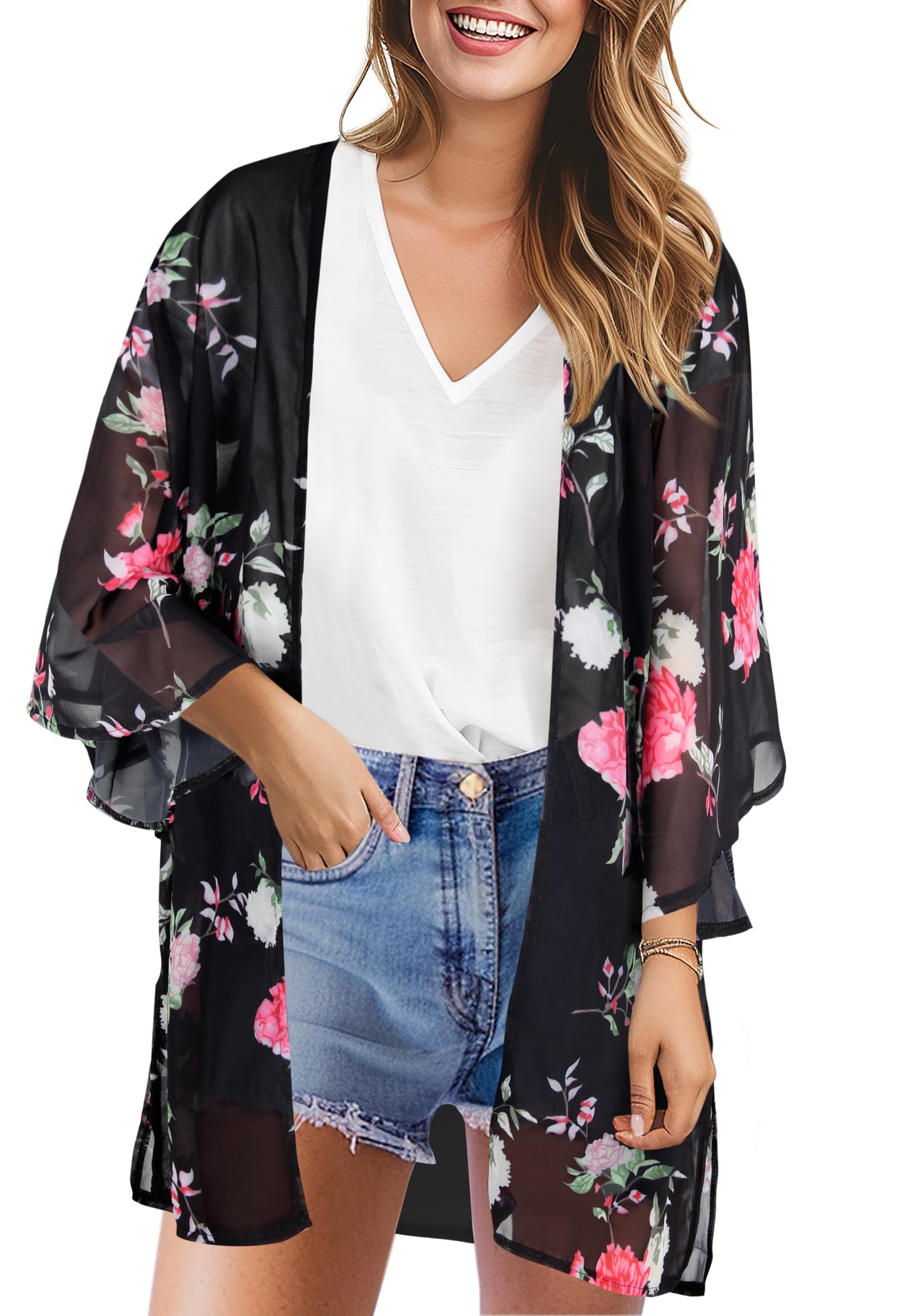 TBONTB Womens Kimono Cover Ups for Beach Floral Short Sleeve Loose Summer Cardigan Black S