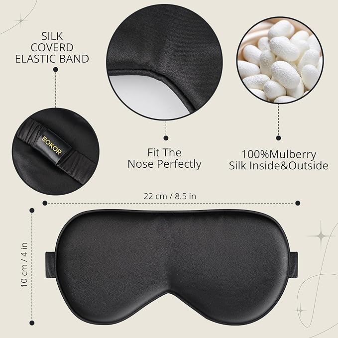 BOKOR Silk Sleep Mask - FSA/HSA Eligible Eye Mask for Sleep, Mulberry Silk Luxury Eye Cover, Light-Blocking, Skin-Friendly & Lightweight, Reduces Puffy Eyes - with Travel Bag & Gift Package - Black