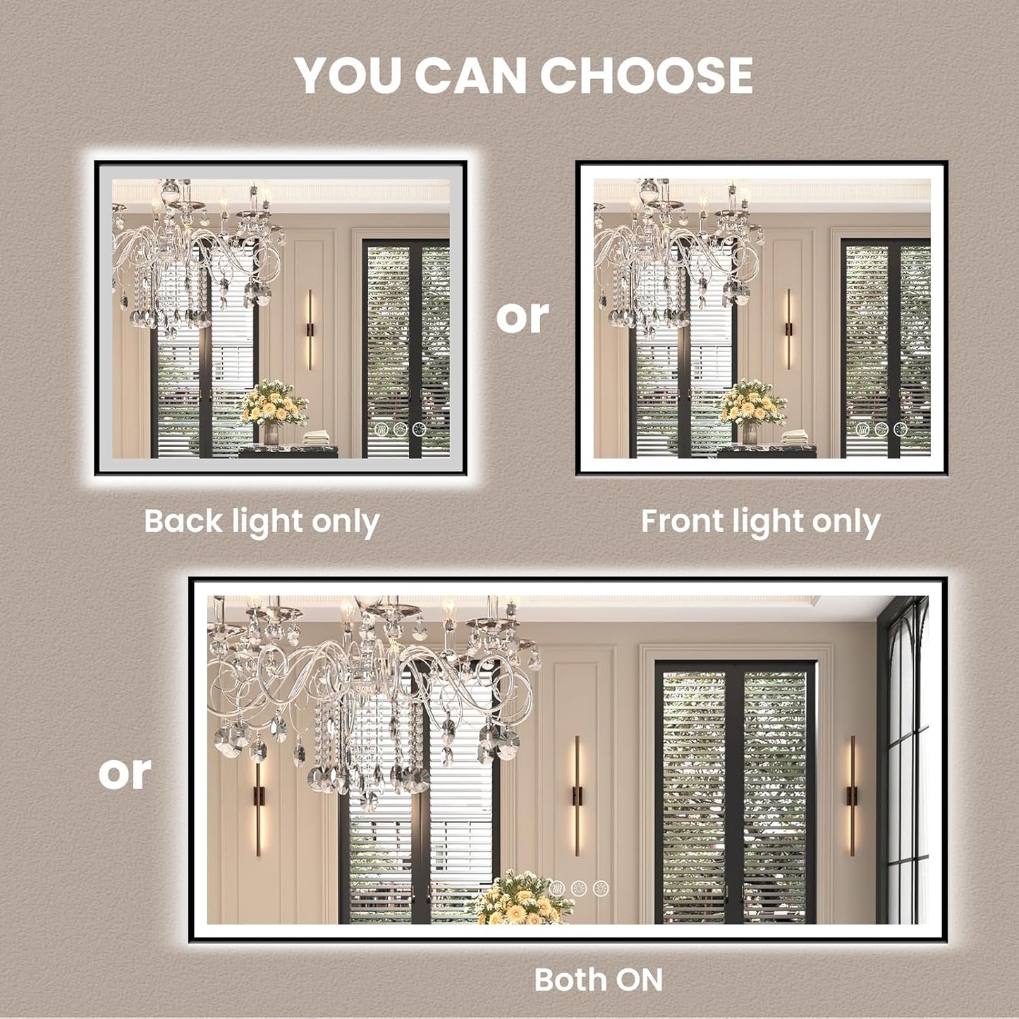 Amorho 55" X36" LED Bathroom Mirror with Black Frame, Front Light and Backlit(Controlled Separately), Stepless Dimmable, Anti-Fog, Shatter-Proof, 3 Colors, Memory