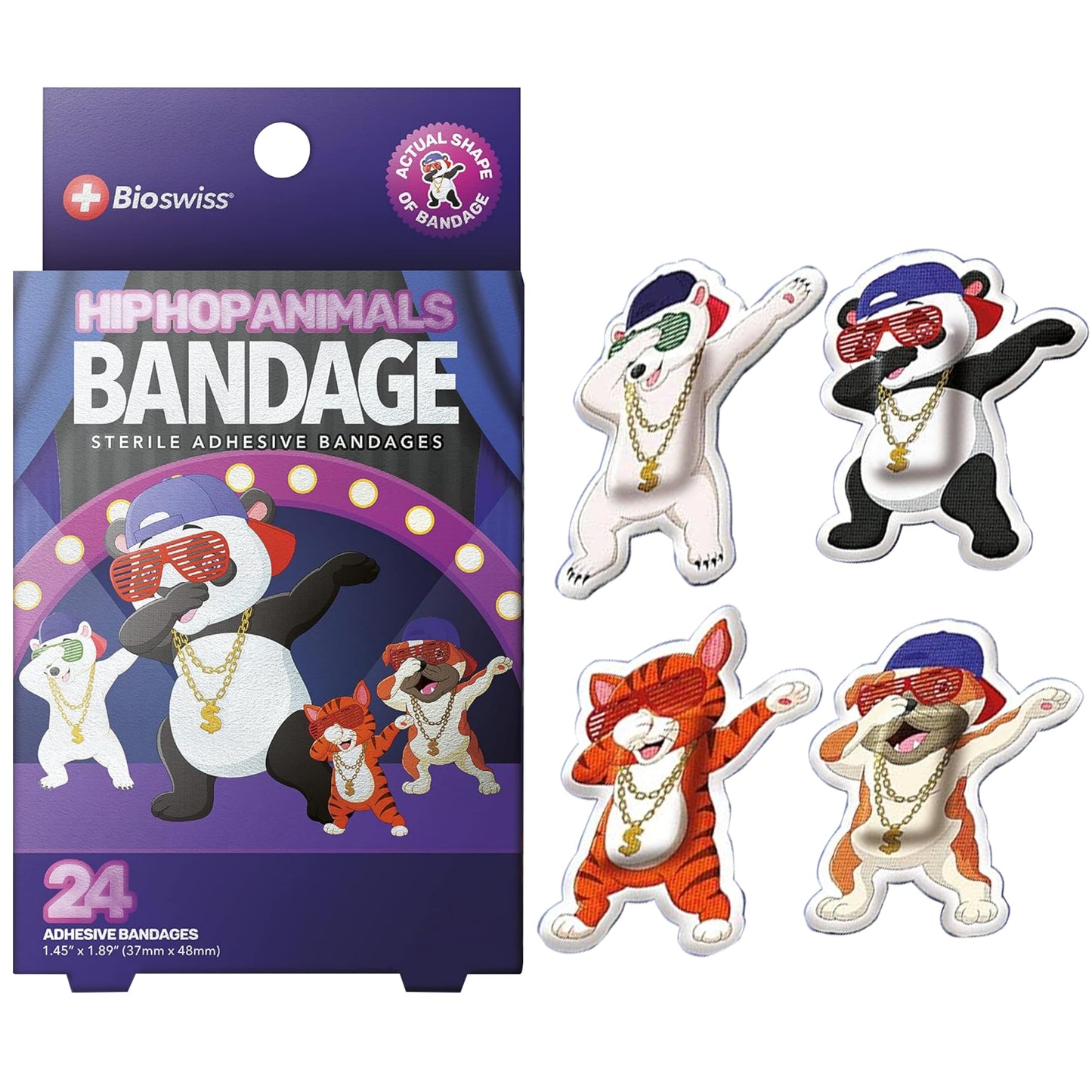 BioSwiss Bandages, Hip Hop Shaped Self Adhesive Bandage, Latex Free Sterile Wound Care, 24 Count