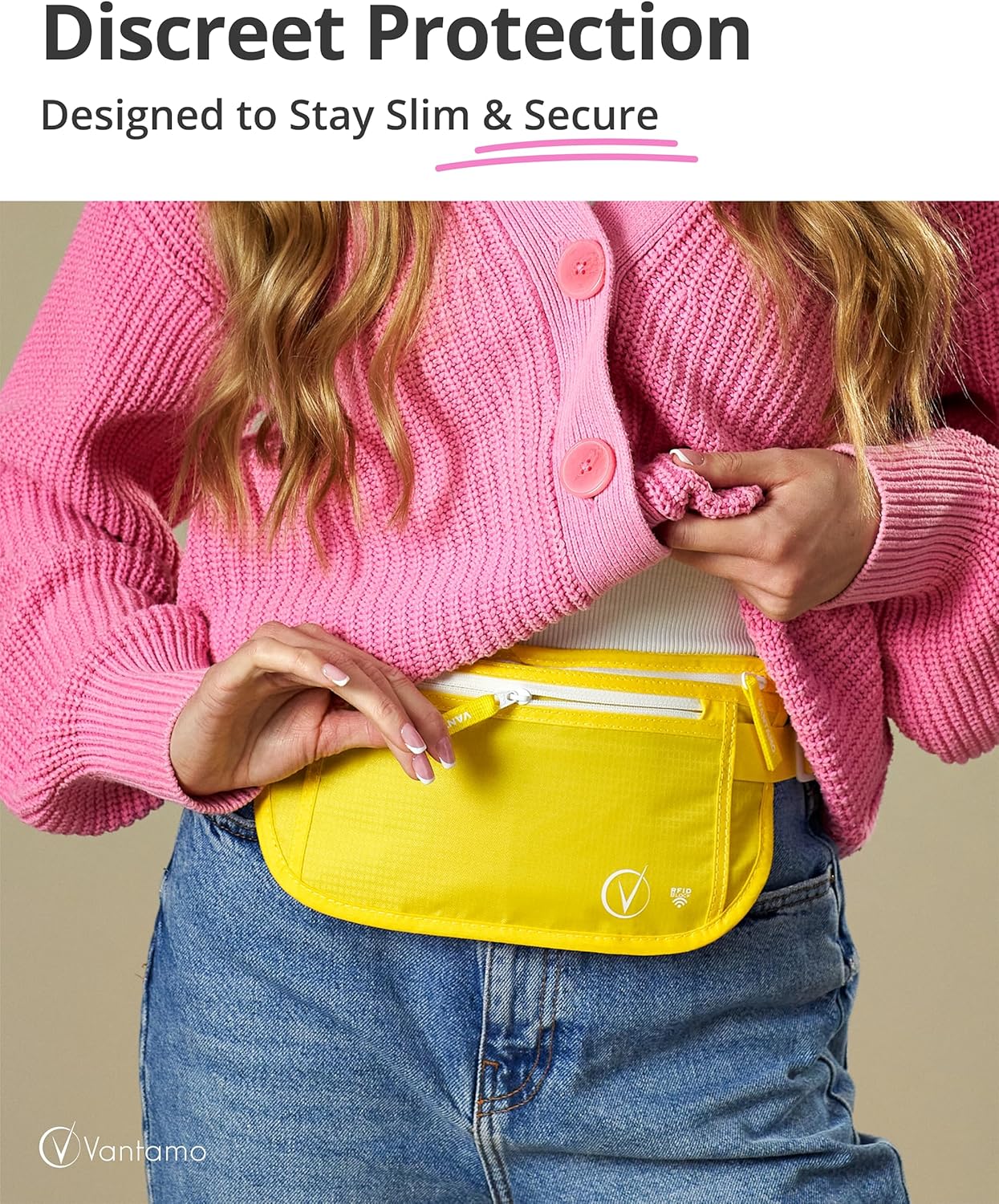 Vantamo Hidden Money Belt For Extra Safety, RFID Ultra-Thin Fanny Pack, 2 Compartment Money Bag Fits Passport & Phone